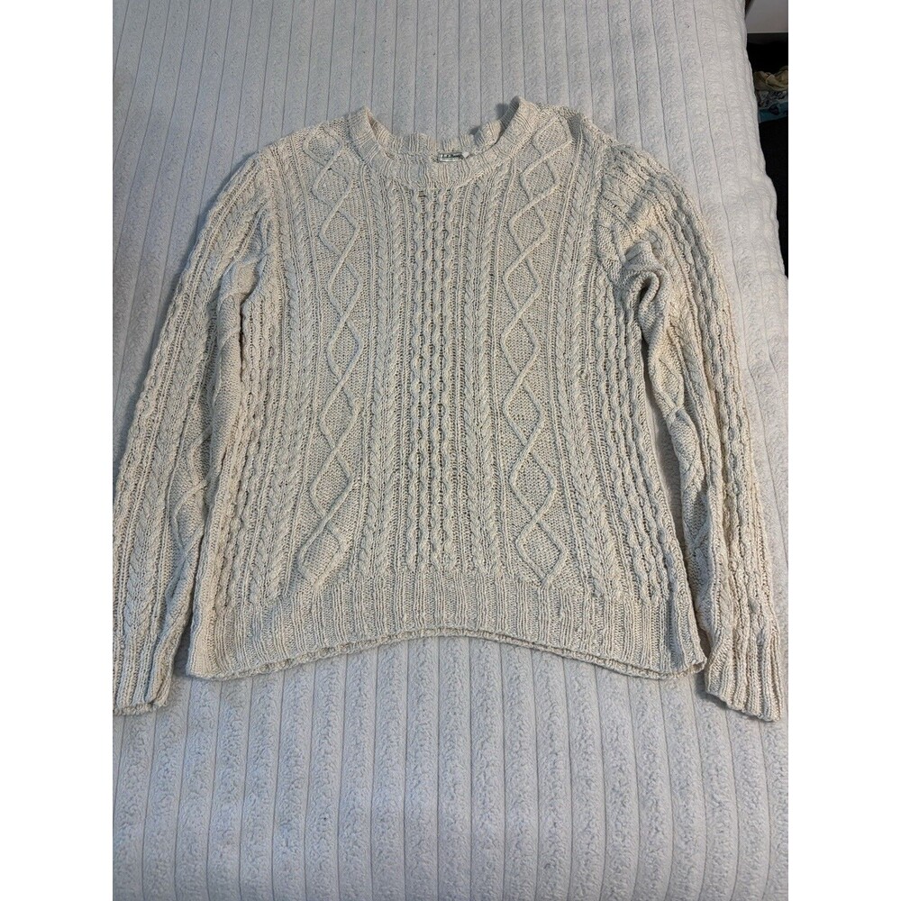 Vintage LL Bean Sweater Men’s XL Cream Cable Knit Fisherman Crewneck 100% Silk